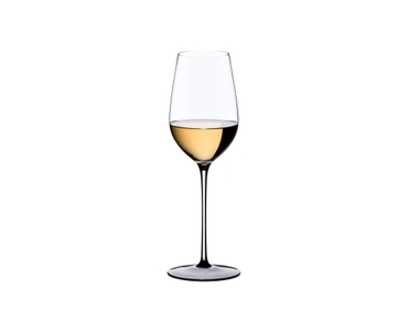 RIEDEL Sommeliers Black Tie Riesling Grand Cru filled with a drink on a white background