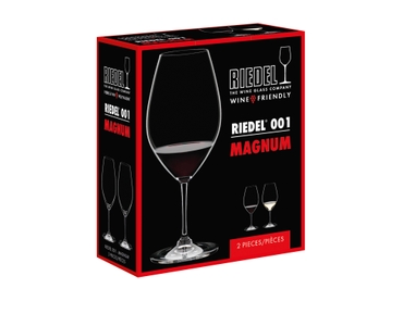 An unfilled RIEDEL Wine Friendly Magnum glass against a white background with product dimensions.