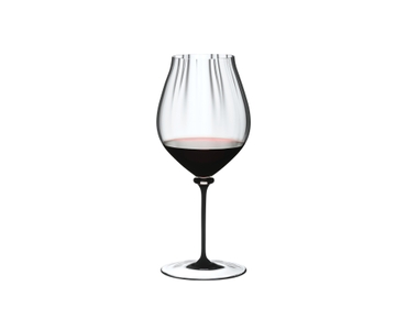 RIEDEL Fatto A Mano Performance Pinot Noir Black Stem filled with a drink on a white background