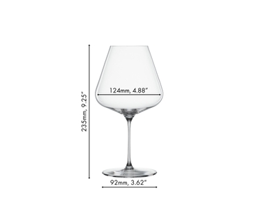 6 unfilled SPIEGELAU Definition Burgundy glasses stand in two rows slightly offset side by side on white background