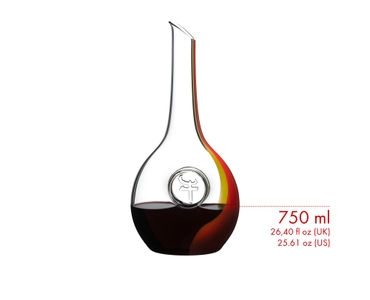 Red wine filled RIEDEL Chinese Zodiac Ox Decanter with red and gold stripe down one side and an embedded zodiac symbol for the Ox in the center on white background with product dimensions.