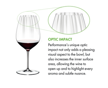 Two RIEDEL Performance Cabernet glasses side by side on white background. The glass on the left side is filled with red wine, the other one is empty.