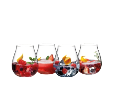 Four RIEDEL Gin Set Contemporary glasses filled with different cocktails slightly offset side by side
