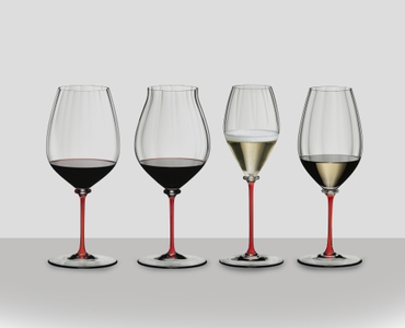 An unfilled RIEDEL Fatto A Mano Performance Cabernet Sauvignon glass with a red stem on white background with product dimensions.