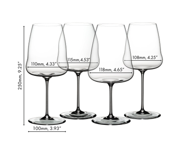 4 RIEDEL Winegwings glasses slightly offset side by side on white background. The Syrah and Pinot Noir/Nebbiolo glasses are both filled with red wine, Riesling and Chardonnay glasses are filled with white wine. Below the wine glasses is the RIEDEL Winewings logo.