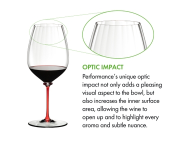 A RIEDEL Fatto A Mano Performance Cabernet Sauvignon glass with red stem fill with red wine on a white background.