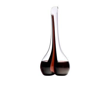 RIEDEL Decanter Black Tie Smile Red R.Q. filled with a drink on a white background