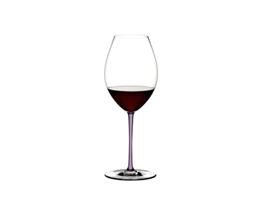 A RIEDEL Fatto A Mano Syrah glass in violet filled with violet wine on a transparent background. 
