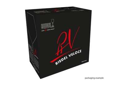 A RIEDEL Veloce Pinot Noir/Nebbiolo glass on a white background with product dimensions: Height: 247 mm / 9.72 in, Biggest diameter: 113 mm / 4.45 in, Base diameter: 100 mm / 3.94 in.
