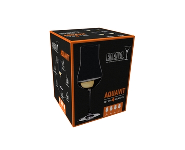 A RIEDEL Aquavit glass filled with Aquavit against a white background with product dimensions.
