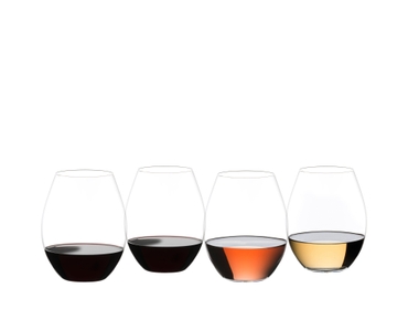 Four RIEDEL Wine Friendly Tumbler side by side against a white background. Two glasses are filled with red wine, one glass is filled with rosé wine and the fourth glass is filled white wine. 