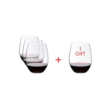 Three RIEDEL O Wine Tumbler Cabernet/Merlot are slightly offset one behind the other on the right and one glass is on the left. A red plus sign is placed between the glasses. All 4 RIEDEL O Wine Tumbler Cabernet/Merlot are filled with red wine.
