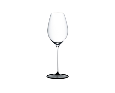 RIEDEL Fatto A Mano Black Tie Champagne Wine Glass/Sauvignon Blanc filled with a drink on a white background