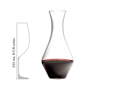 4 RIEDEL Winewings Cabernet Sauvignon glasses and 1 Cabernet Magnum Decanter filled with red wine on white background