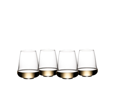 Four SL RIEDEL Stemless Wings Aromatic White Wine/Champagne Wine Glasses filled with white wine on a transparent background. 