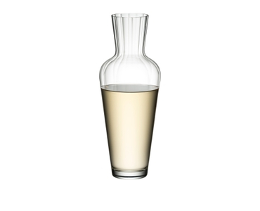 A RIEDEL Mosel Decanter Decanter filled with white wine on a white background.