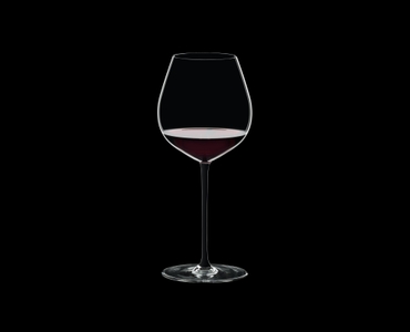 RIEDEL Fatto A Mano Pinot Noir Black R.Q. filled with a drink on a black background