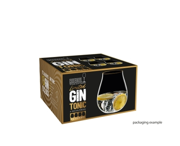 A RIEDEL Gin Set Limited Edition Gold Rim glass on a white background with product dimensions: Height: 124 mm /4.88 in, Biggest diameter: 108 mm / 4.25 in, Base diameter: 54 mm / 2.13 in.
