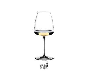RIEDEL Winewings Sauvignon Blanc filled with a drink on a white background