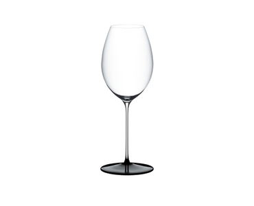 RIEDEL Fatto A Mano Black Tie Hermitage filled with a drink on a white background