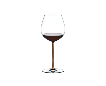 A RIEDEL Fatto A Mano Pinot Noir glass in orange filled with red wine on a transparent background. 