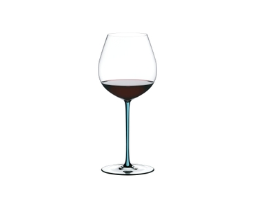 A RIEDEL Fatto A Mano Pinot Noir with a turquoise stem and filled with red wine on a white background.