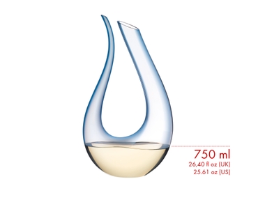 A RIEDEL Amadeo Decanter with a soft blue stripe of colour and filled with red wine on a white background.