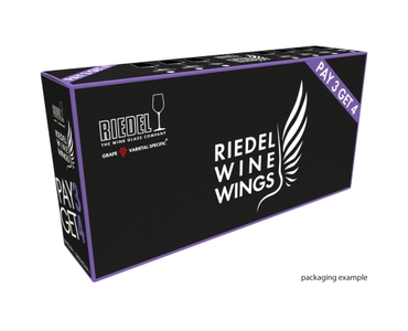 A RIEDEL Winewings Pinot Noir/Nebbiolo glass on a white background with product dimensions: Height: 250 mm / 9.84 in, Biggest diameter: 115 mm / 4.53 in, Base diameter: 100 mm / 3.94 in.