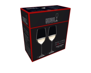 Unfilled RIEDEL Veritas Riesling/Zinfandel glass on white background with product dimensions