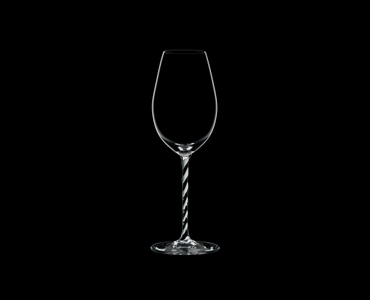 RIEDEL Fatto A Mano Champagne Wine Glass Black & White R.Q. on a black background