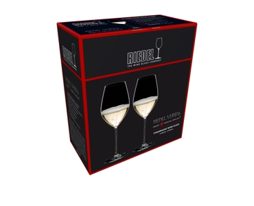 An unfilled RIEDEL Veritas Champagne Wine Glass on white background with product dimensions