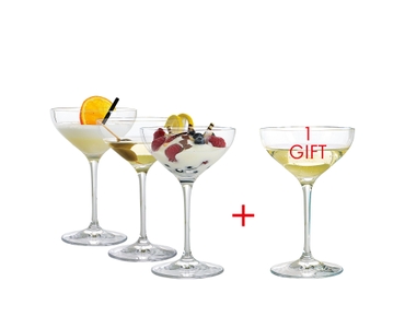 SPIEGELAU Special Glasses Dessert/Champagne Saucer filled with a drink on a white background