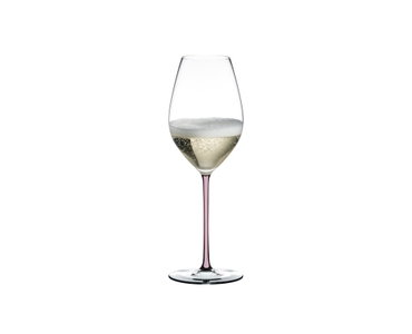 RIEDEL Fatto A Mano Champagne Wine Glass Pink filled with a drink on a white background