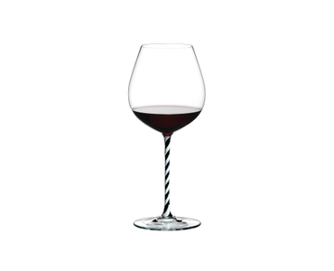 RIEDEL Fatto A Mano Pinot Noir Black & White R.Q. filled with a drink on a white background