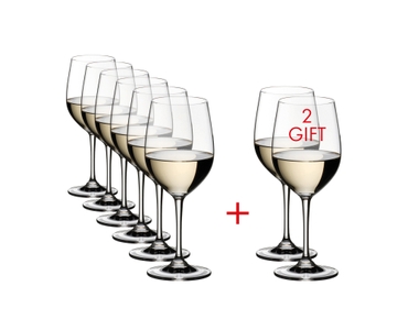 6 RIEDEL Vinum Viognier/Chardonnay glasses are slightly offset one behind the other on the right and two glasses on the left. A red plus sign is placed between the glasses. All 8 wine glasses are filled with white wine.