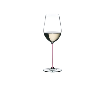 An unfilled RIEDEL Fatto A Mano Riesling with a mauve stem on a white background with product dimensions.