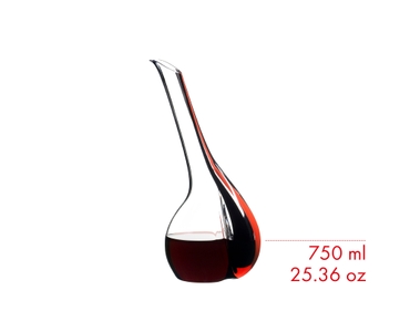 RIEDEL Black Tie Touch Decanter - red filled with a drink on a white background