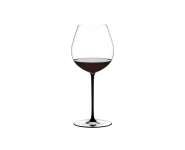 RIEDEL Fatto A Mano Pinot Noir Black filled with a drink on a white background