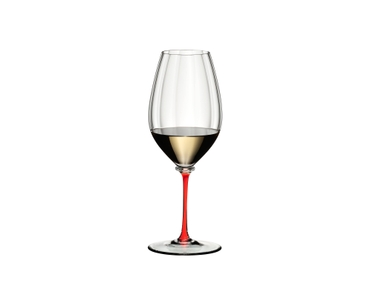 A RIEDEL Fatto A Mano Performance Riesling glass with red stem filled with white wine.