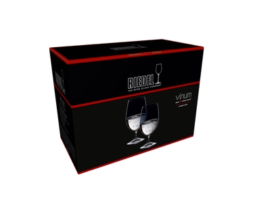 RIEDEL Vinum Gourmet Glass filled with sparkling water on white background with product dimensions