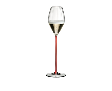 A RIEDEL High Performance Champagne Glass with a red stem filled with champagne on a transparent background. 