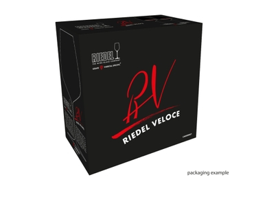 A RIEDEL Veloce Pinot Cabernet/Merlot glass on a white background with product dimensions: Height: 247 mm / 9.72 in, Biggest diameter: 104 mm / 4.09 in, Base diameter: 100 mm / 3.94 in.
