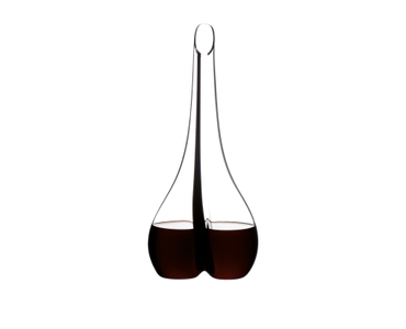 RIEDEL Decanter Black Tie Smile R.Q. filled with a drink on a white background