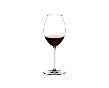 A RIEDEL Fatto A Mano Syrah glass in pink filled with red wine on a transparent background. 