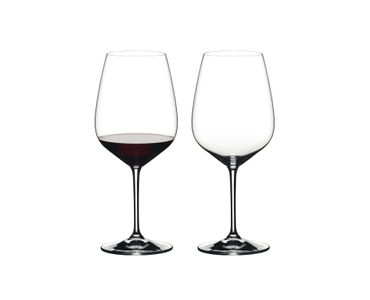 RIEDEL Heart to Heart Cabernet Sauvignon filled with a drink on a white background
