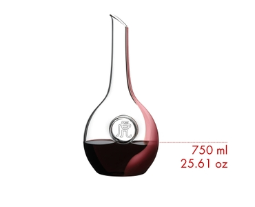 A RIEDEL Chinese Zodiac Tiger Decanter Pink filled with red wine on a white background.