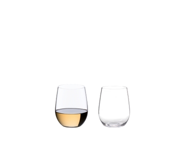 A white wine filled and an unfilled RIEDEL O Wine Tumbler Viognier/Chardonnay glass side by side