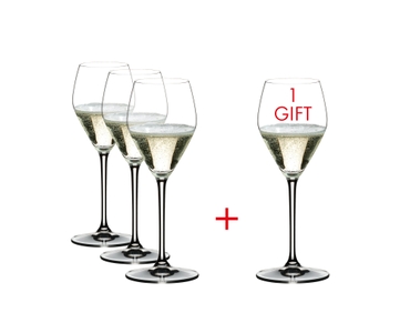 4 RIEDEL Heart To Heart Champagne Glasses filled with Champagne on white background