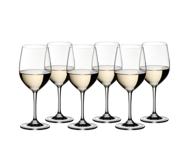 6 RIEDEL Vinum Viognier/Chardonnay glasses filled with white wine stand offset in 2 rows side by side