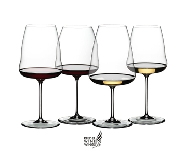 4 RIEDEL Winegwings glasses slightly offset side by side. The Syrah and Pinot Noir/Nebbiolo glasses are both filled with red wine, Riesling and Chardonnay glasses are filled with white wine. 